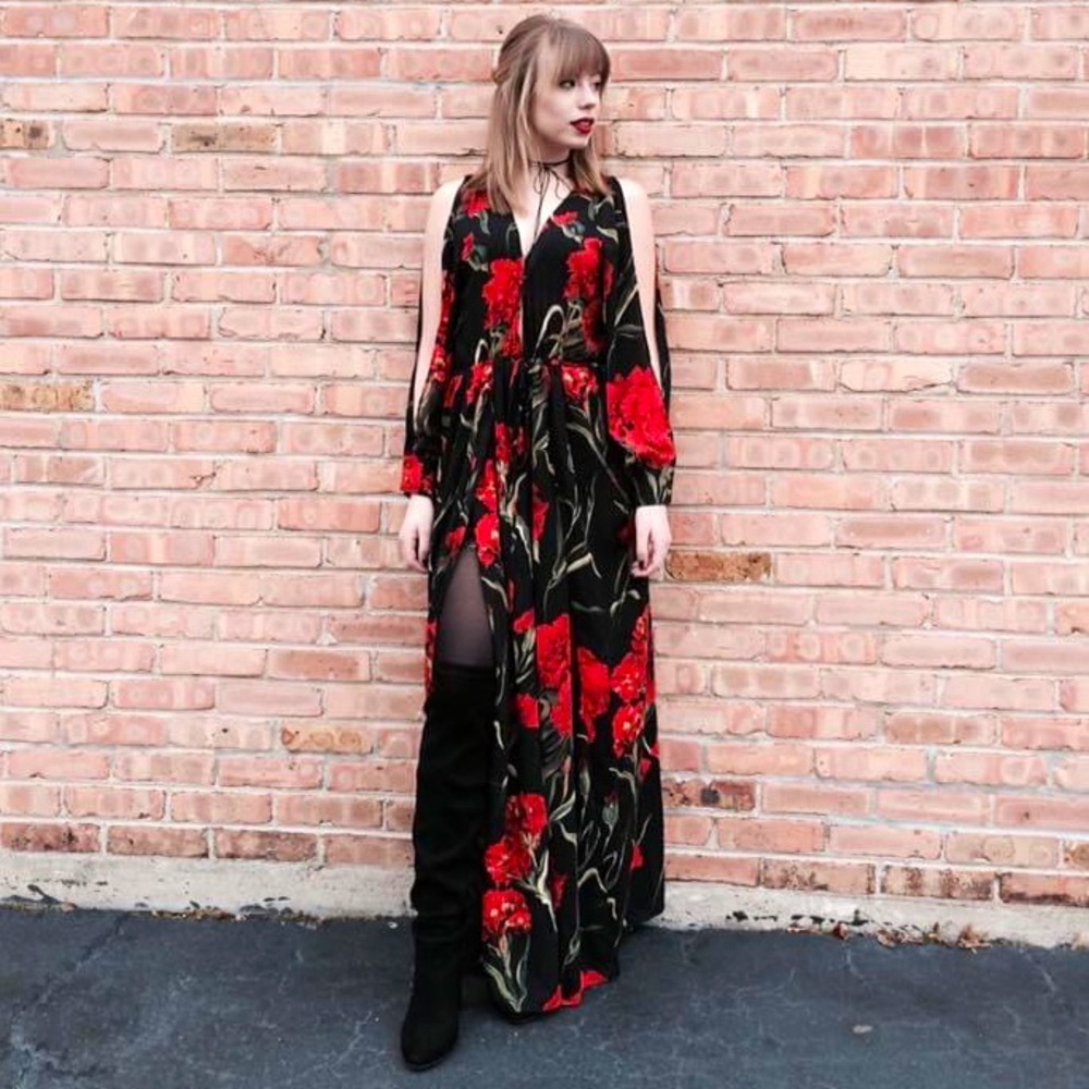 Chiffon Floral Maxi Dress with Puff Sleeve